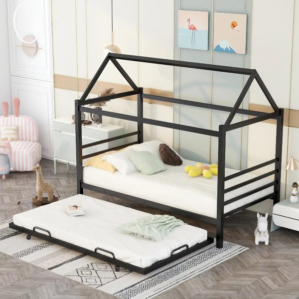 Euroco Twin Metal House Platform Bed for Child, Black