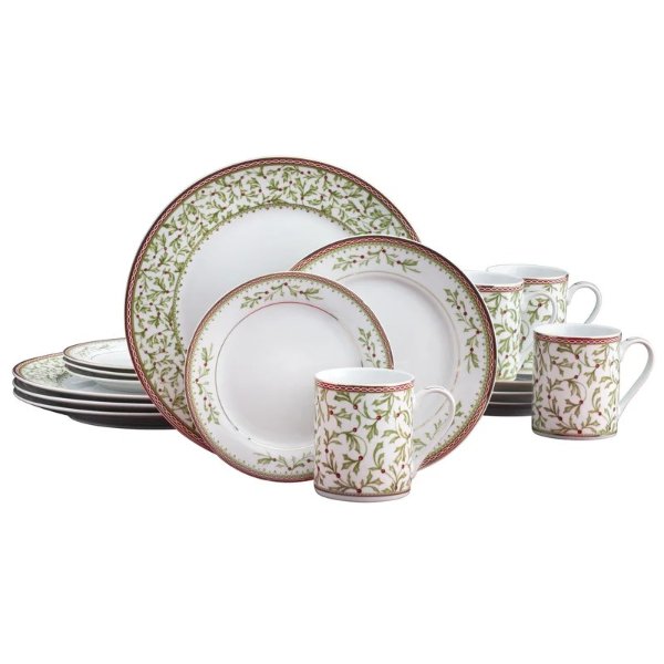 Holiday Traditions Dinnerware Set with Mugs, 16 Piece, Green, White