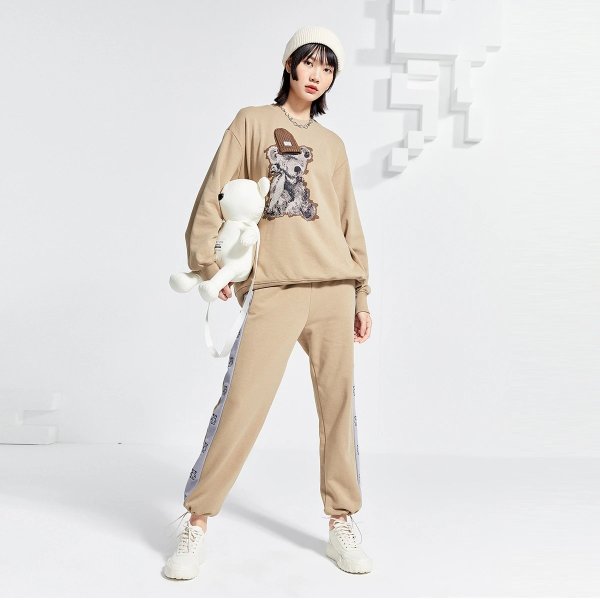 Solid Bear Print Side Sweatpants | Peacebird Women Fashion