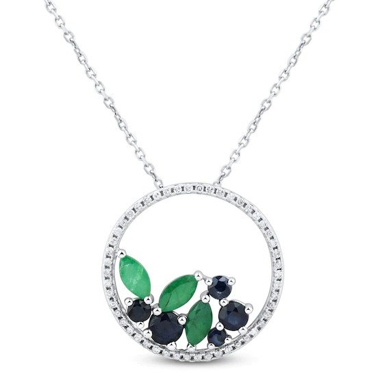 Blue Sapphire & Emerald Circle Necklace 1/6 ct tw Diamonds Round-Cut 10K White Gold 18&quot;|Kay