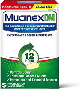 Cough Suppressant and Expectorant,Mucinex DM Maximum Strength 12 HourTablets 42ct, 1200 mg Guaifenesin,Relieves Chest Congestion,Quiets Wet and Dry Cough,#1Doctor Recommended OTC expectorant
