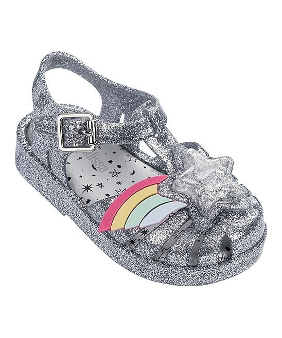 Silver Glass Glitter Rainbow Star Mini Possession II Jelly Sandal - Girls