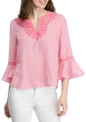Bell Sleeve Embroidered Neck Top