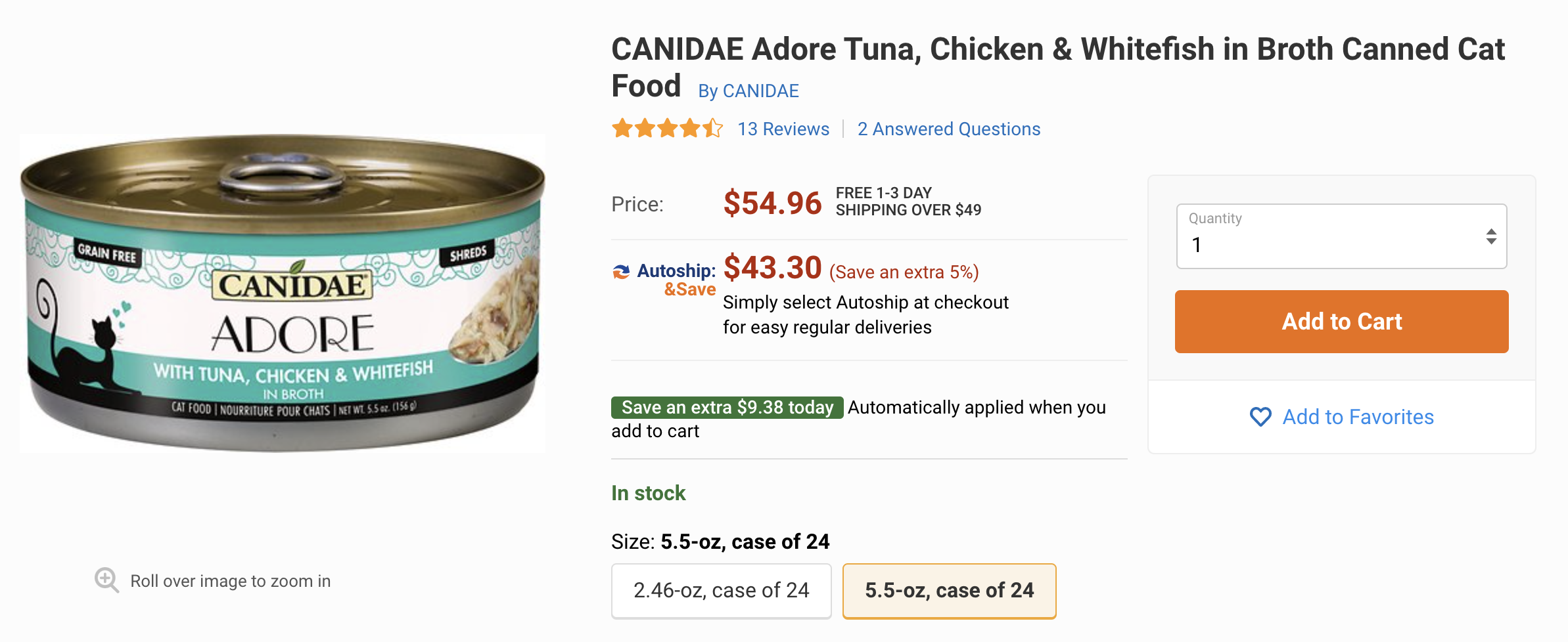 24罐金枪鱼猫湿粮罐头CANIDAE Adore Tuna, Chicken &amp; Whitefish in Broth Canned Cat Food, 5.5-oz, case of 24 - Chewy.com