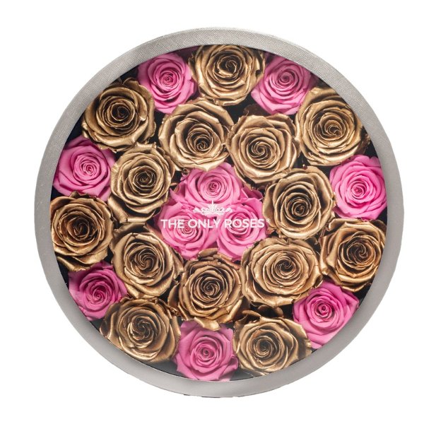 Gold & Pink Preserved Roses | Large Round Classic Grey Box