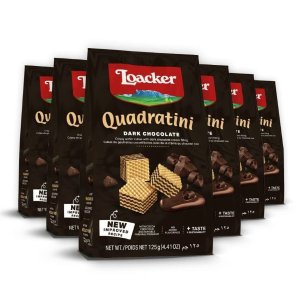 Loacker Quadratini Dark Chocolate bite-size Wafer Cookies | SMALL Pack of 6 | Crispy Wafers with 4 creamy layers of Dark Chocolate cream filling | great for snacks & desserts | Non GMO | No artificial flavorings or added colors | 4.41 oz per bag