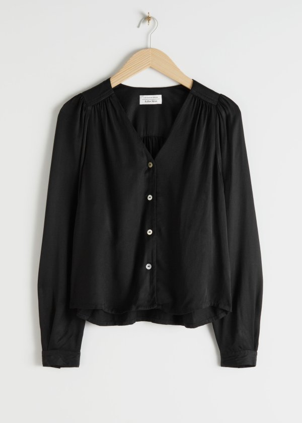 Gathered V-Cut Button Up Blouse