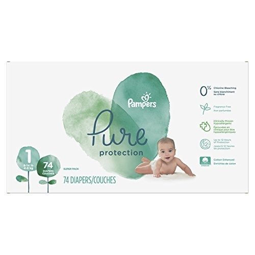 Pure Disposable Baby Diapers, Hypoallergenic and Fragrance Free Protection, Size 1 (8-14 lb), 74 Count, Super