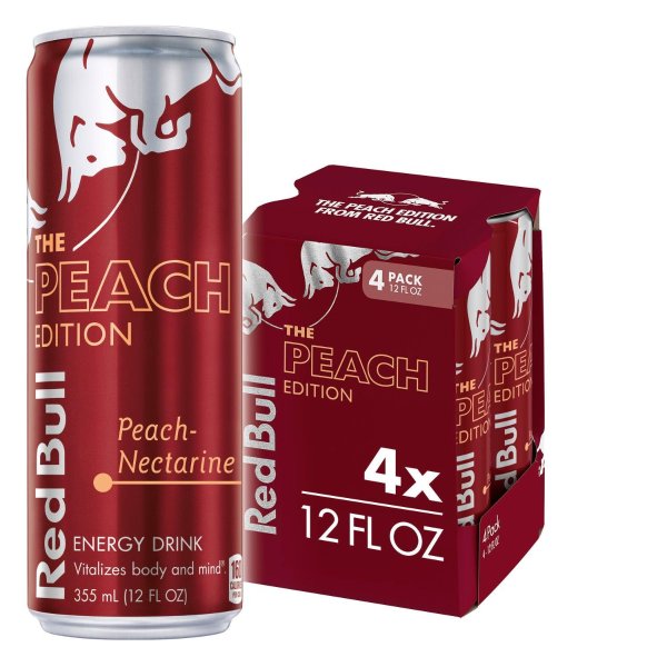 (4 Cans) Red Bull Energy Drink, The Peach Edition, Peach-Nectarine, 12 fl oz