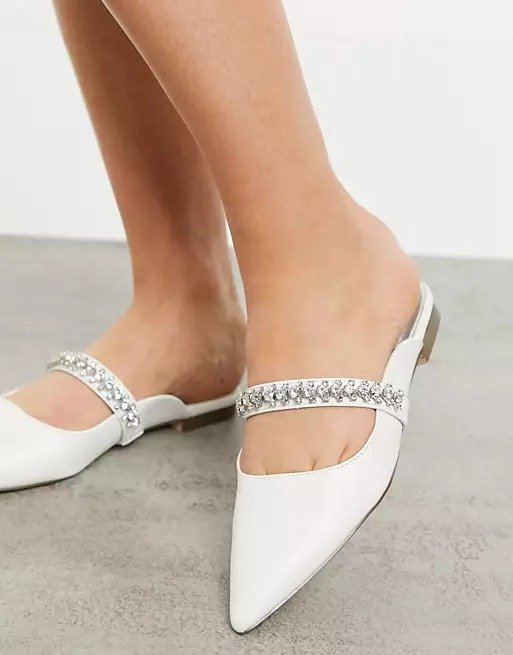 bridal pointed flat mules with embellishment in white | ASOS