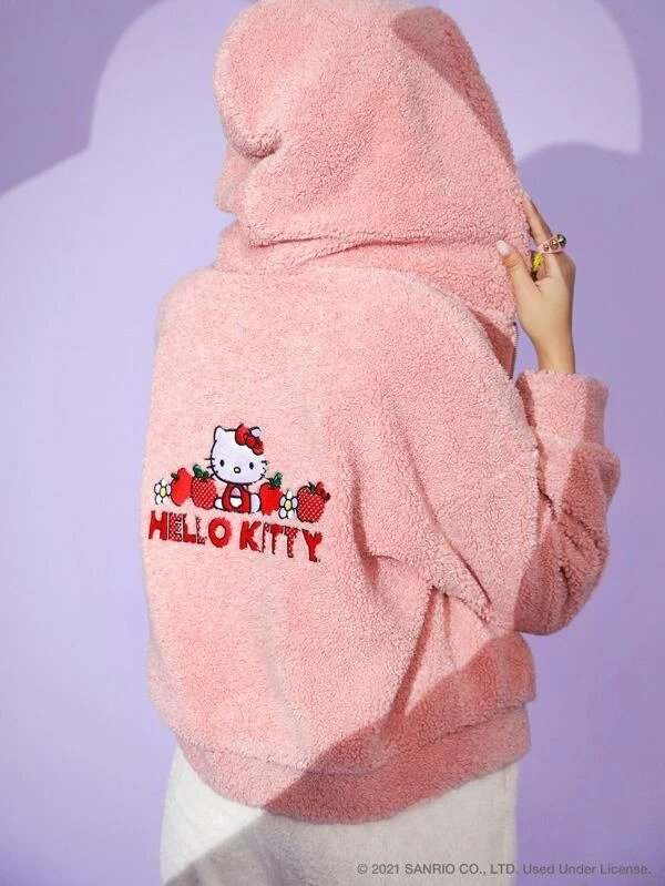 X Hello Kitty and Friends Embroidered Detail Drop Shoulder Hooded Teddy Jacket