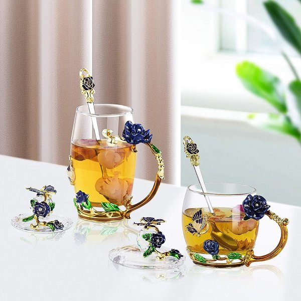 OUK-BT 立体雕花玻璃杯2件套组合 带杯盖+茶勺