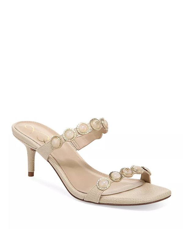 Women's Palma Square Toe Embellished Strap Mid Heel Sandals