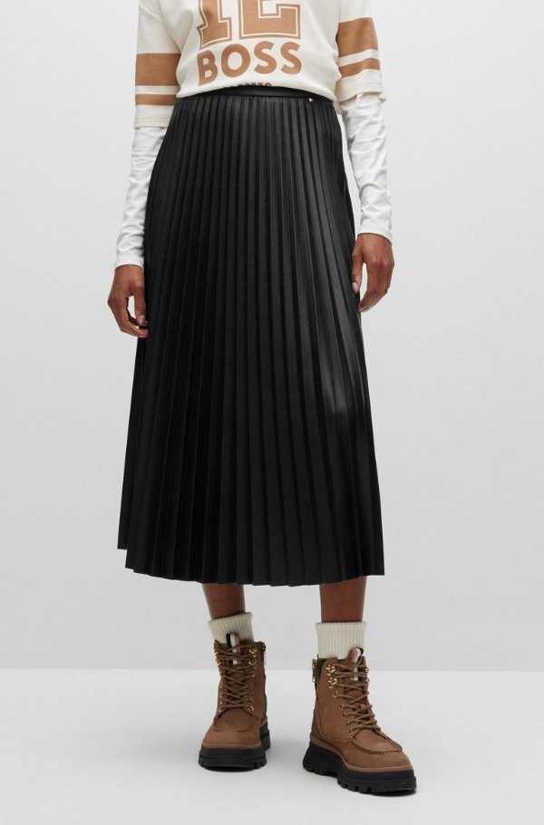 A-line midi-length skirt in faux leather Extra-slim-fit long-sleeved top with mock neckline by BOSS