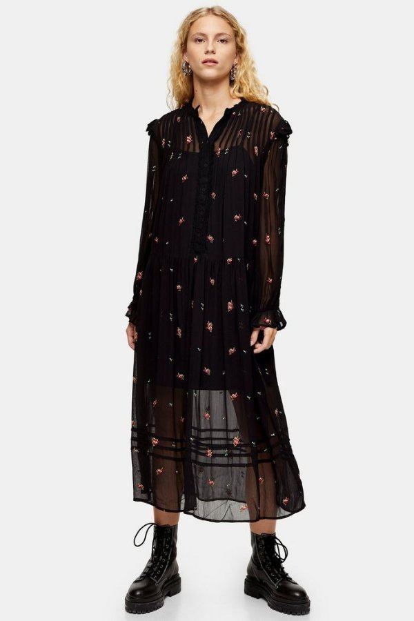 Black Sheer Embroidered Floral Midi Dress