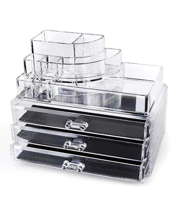 Clear acrylic makeup organizer cosmetic organizer and Large 3 Drawer Jewerly Chest or makeup storage ideas Case Lipstick Liner Brush Holder make up boxes Organizer measures (10"x6"x7.7")