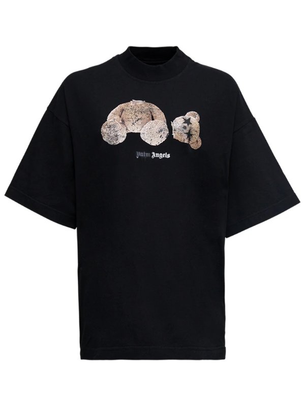 Black Cotton T-shirt With Bear Print