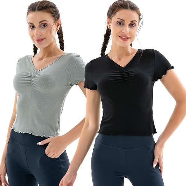 Short Sleeve Cotton T Shirts for Women 2 Pack Slim-Fit Tops V Neck Soft Casual Undershirt