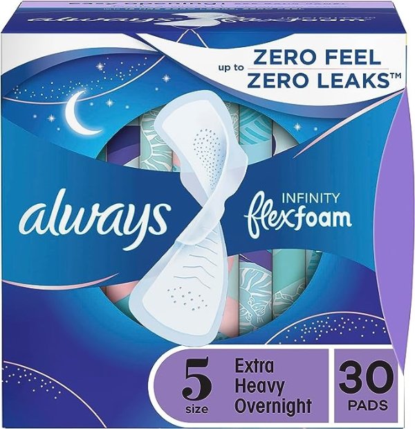 Infinity Feminine Pads for Women, Size 5 Extra Heavy Overnight, with wings, unscented, 30 Count