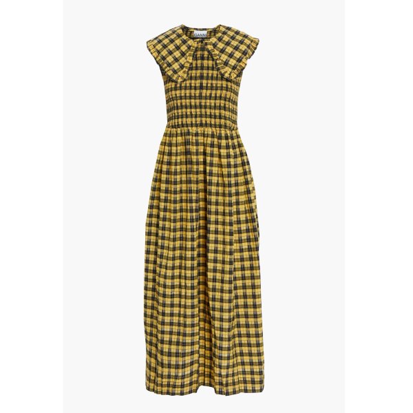 Shirred ruffle-trimmed checked cotton-blend midi dress