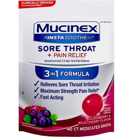 Mucinex InstaSoothe Sore Throat + Pain Relief Elderberry & Wild Cherry Flavor, Fast Acting, Powerful Oral Pain Reliever, 40 Medicated Drops