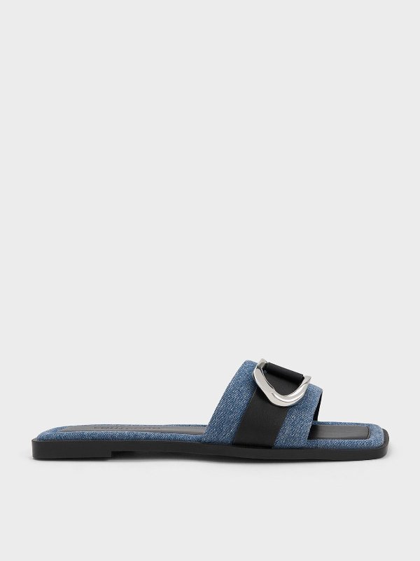 Blue Gabine Leather & Denim Slide Sandals | CHARLES & KEITH