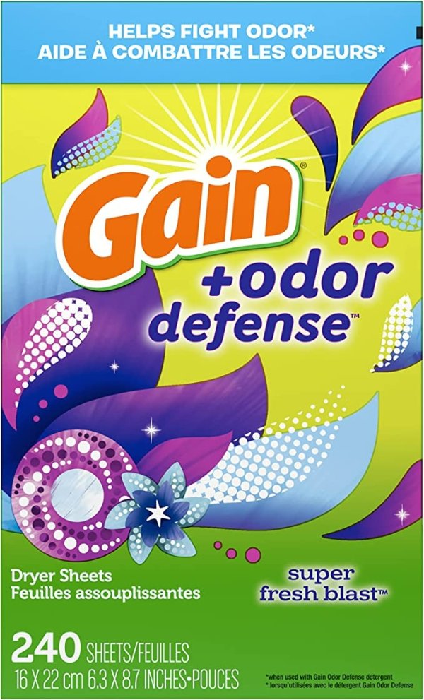 + Odor Defense Dryer Sheets, Super Fresh Blast Scent Fabric Softener Sheets, 240 ct