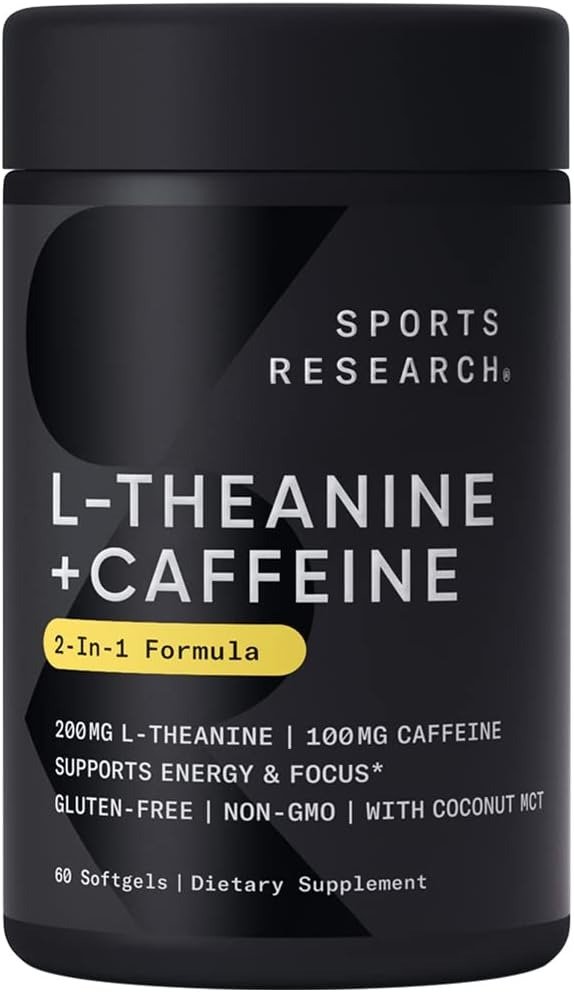 L-Theanine Supplement with Caffeine & Coconut MCT Oil - Focused Energy, Alertness & Relaxation Without Drowsiness - 200mg L Theanine, 100mg Organic Caffeine - 60 Liquid Softgels