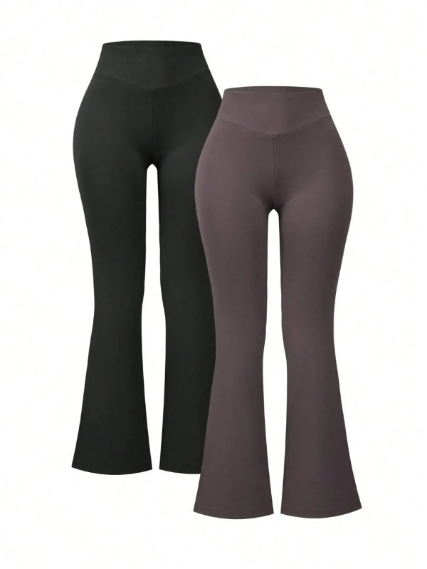 Daily&Casual 2pcs Solid Wide Waistband Flare Leg Sports Pants