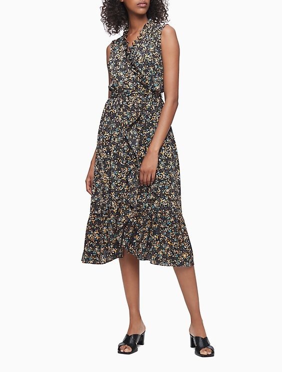 Floral V-Neck Sleeveless Ruffle Midi Dress