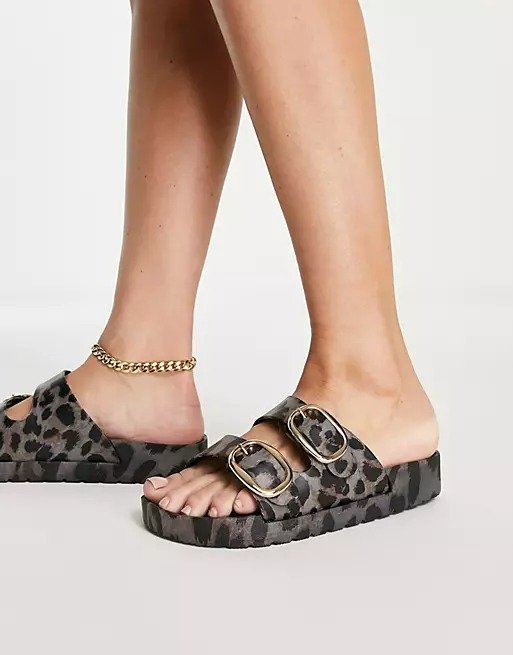 double buckle footbed sandals in leopard