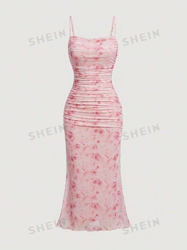 MOD Floral Print Ruched Lettuce Trim Mesh Slim Fit Valentine Day Pink Cami Dress |USA