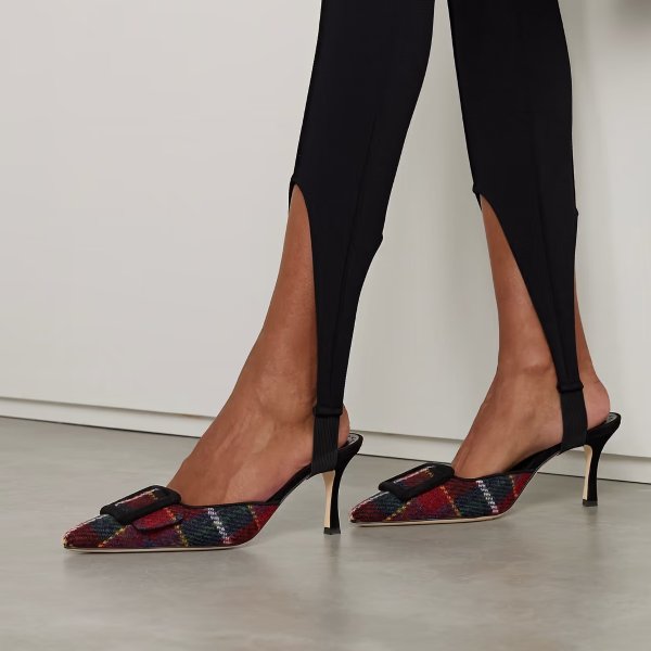 Maysale buckled checked wool and suede mules