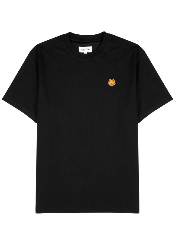 Black tiger-appliqued cotton T-shirt