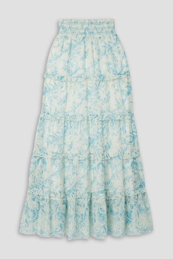 Aisha tiered printed broderie anglaise voile maxi skirt