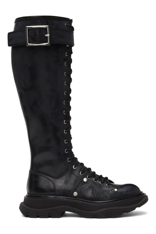 Black Tread Lace-Up Tall Boots