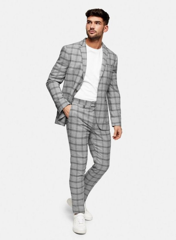 Grey Slim Fit Check Single Breasted Suit Blazer With Notch Lapels