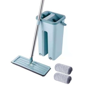 1set (including 1 Bucket/2 Mop Heads/1 Mop) Hand-free Washable Wet & Dry Flat Mop Set