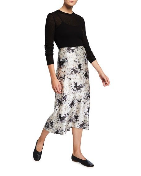 Painted Crema Silk Midi Slip Skirt