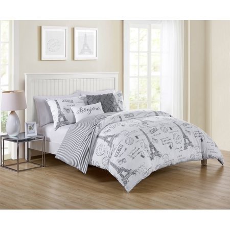 Taupe Paris Night 4/5 Piece Bedding Duvet Cover Set, Shams and Decorative Pillows Included by VCNY Home