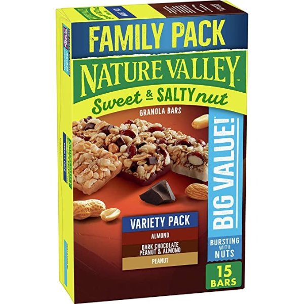 Sweet and Salty Nut Variety Pack, Peanut, Almond, and Dark Chocolate, Peanut and Almond Granola Bars, 15 ct