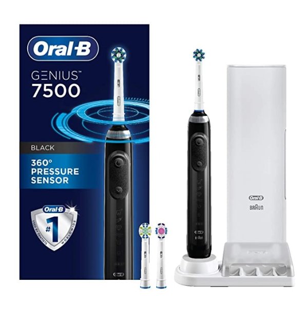 7500 Power Rechargeable Electric Toothbrush with Replacement Brush Heads and Travel Case, Black