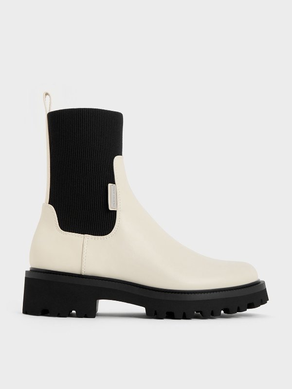Two-Tone Knitted Sock Ridge-Sole Chelsea Boots - Chalk