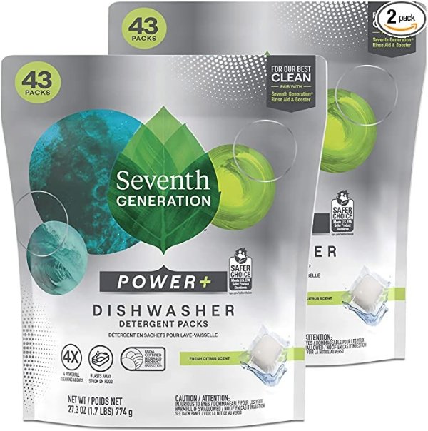Seventh Generation Ultra Power Plus Dishwasher Detergent Packs, Fresh Citrus Scent, 43 Count, Pack of 2 (Packaging May Vary)