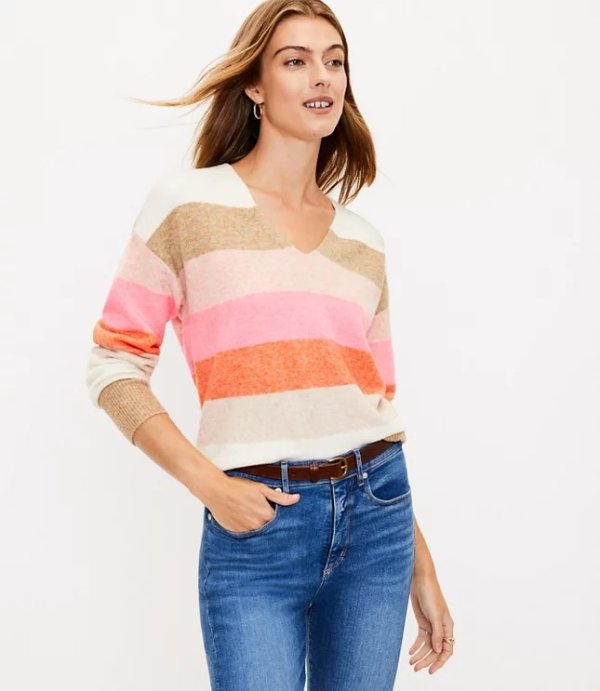 Striped Relaxed V-Neck Sweater | LOFT