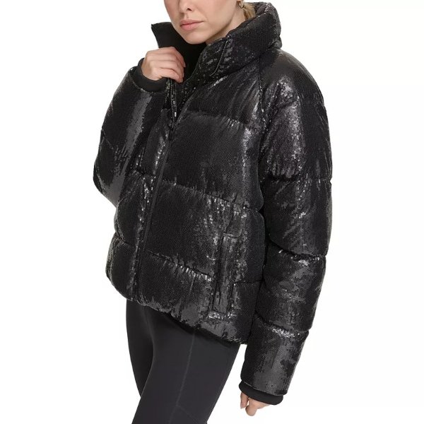 Women's Boxy Sequin High-Low Puffer Jacket