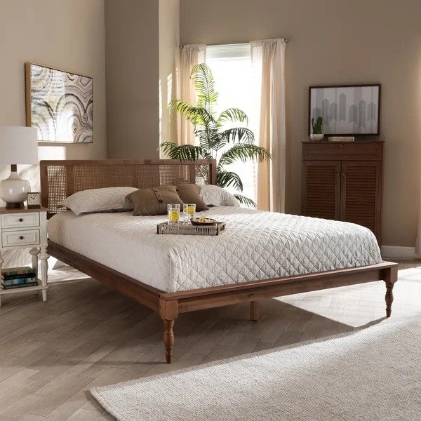 Romy Vintage French Inspired Wood and Synthetic Rattan Platform Bed