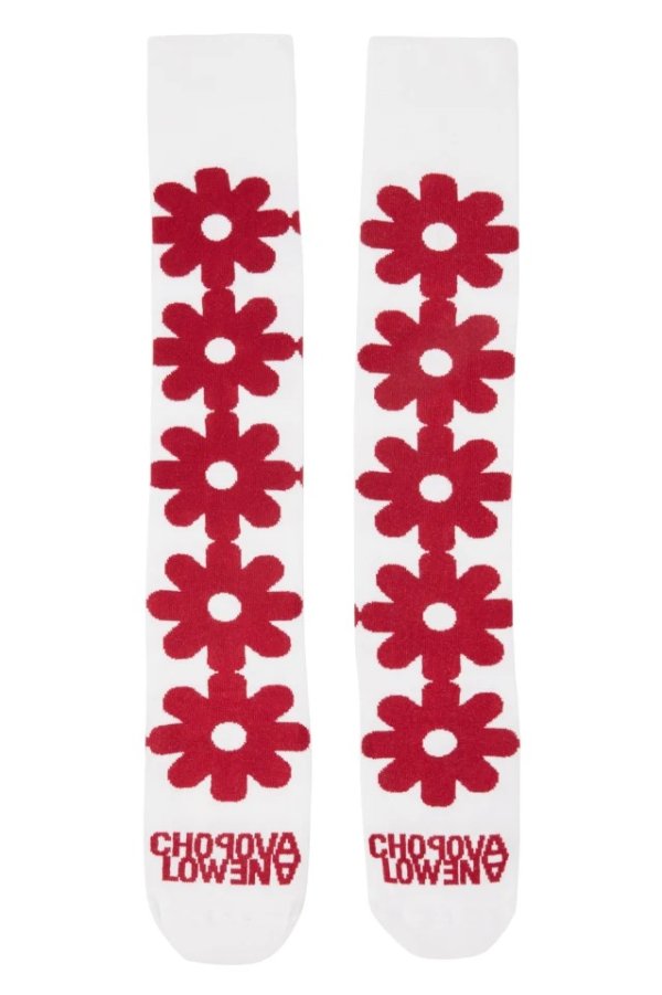 White & Red Floral Long Socks