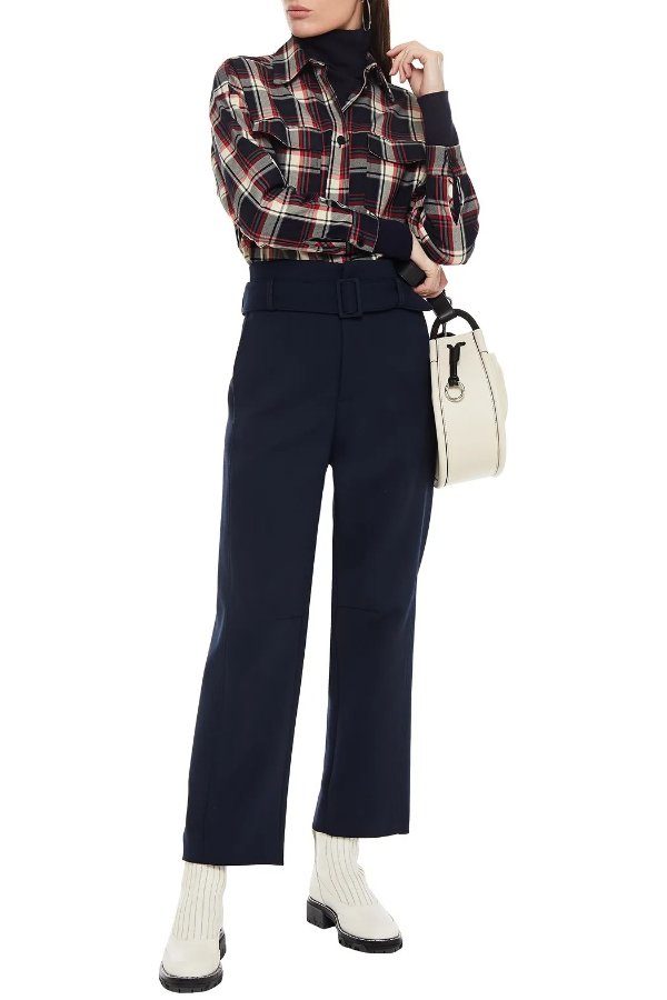 Belted twill straight-leg pants