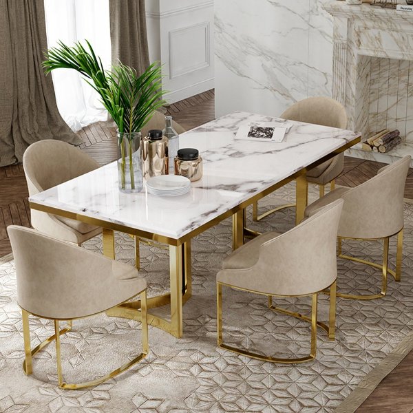 Bura Modern Marble Dining Table with Rectangular Tabletop Gold Stainless Legs, for Kitchen and Dining Room